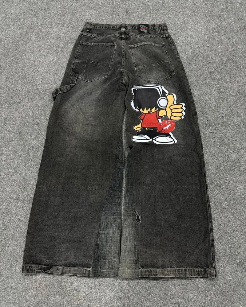 Y2K Harajuku Retro Washed Baggy Jeans Street Hip-hop Anime Printed Wide Pattern Straight Pants Men Trendy Brand Casual Trousers Street King Limited