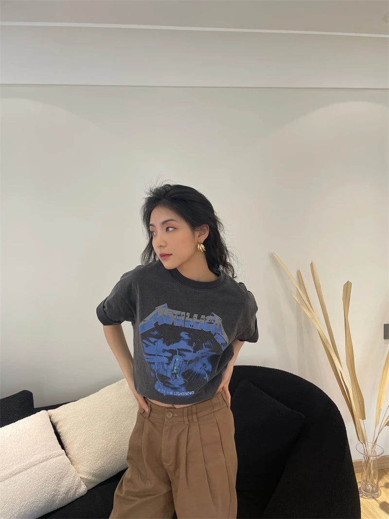 Summer Vintage High Street Wash Lightning Print T-shirt Vintage Heavy Metal Rock Band Short Sleeve Japanese Street Pure Cotton Street King Limited