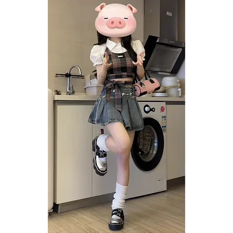 Summer gentle outfit 2023 new Korean version short sleeved shirt plaid suspender denim short skirt womens two peice skirt sets Street King Limited