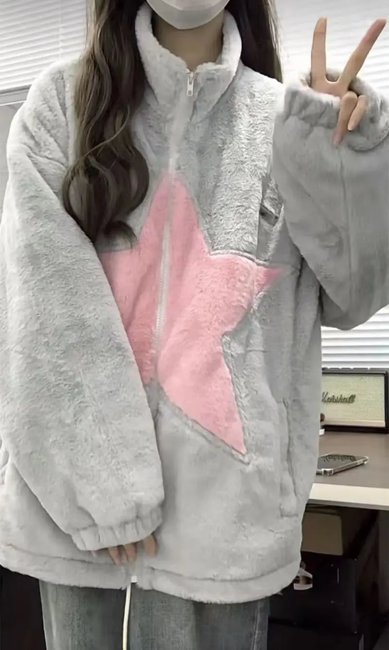 High Quality Plush Coat Pink Stars Zip Sweater Autumn Winter Jacket Women Warm Casual Slouchy Style Y2k Top Korean Fashion Coats Street King Limited
