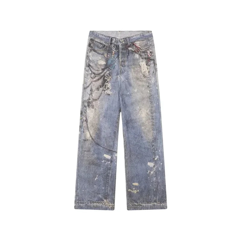new 3d chain printed baggy jeans for men and women casual baggy straight denim pants high street wide leg y2k blue jean denim street jeans