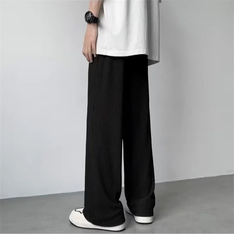 summer texture straight pants for men korean fashion baggy wide leg trousers casual drape pleated striped y2k pantalones hombre relaxed fit trousers
