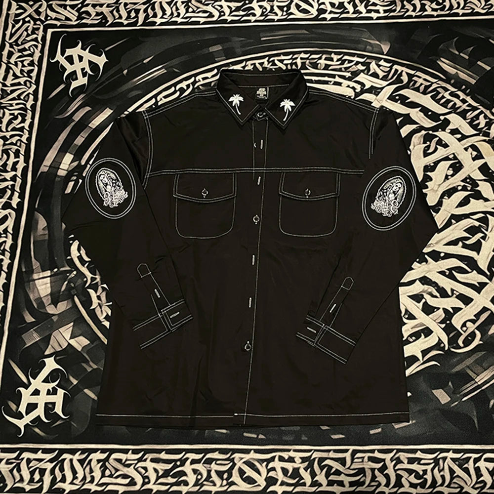 Trees Print On the Neck Black Long Sleeve Shirts for Men High Street Baggy Y2k Camisas Oversized Harajuku Casual Clothing Street King Limited