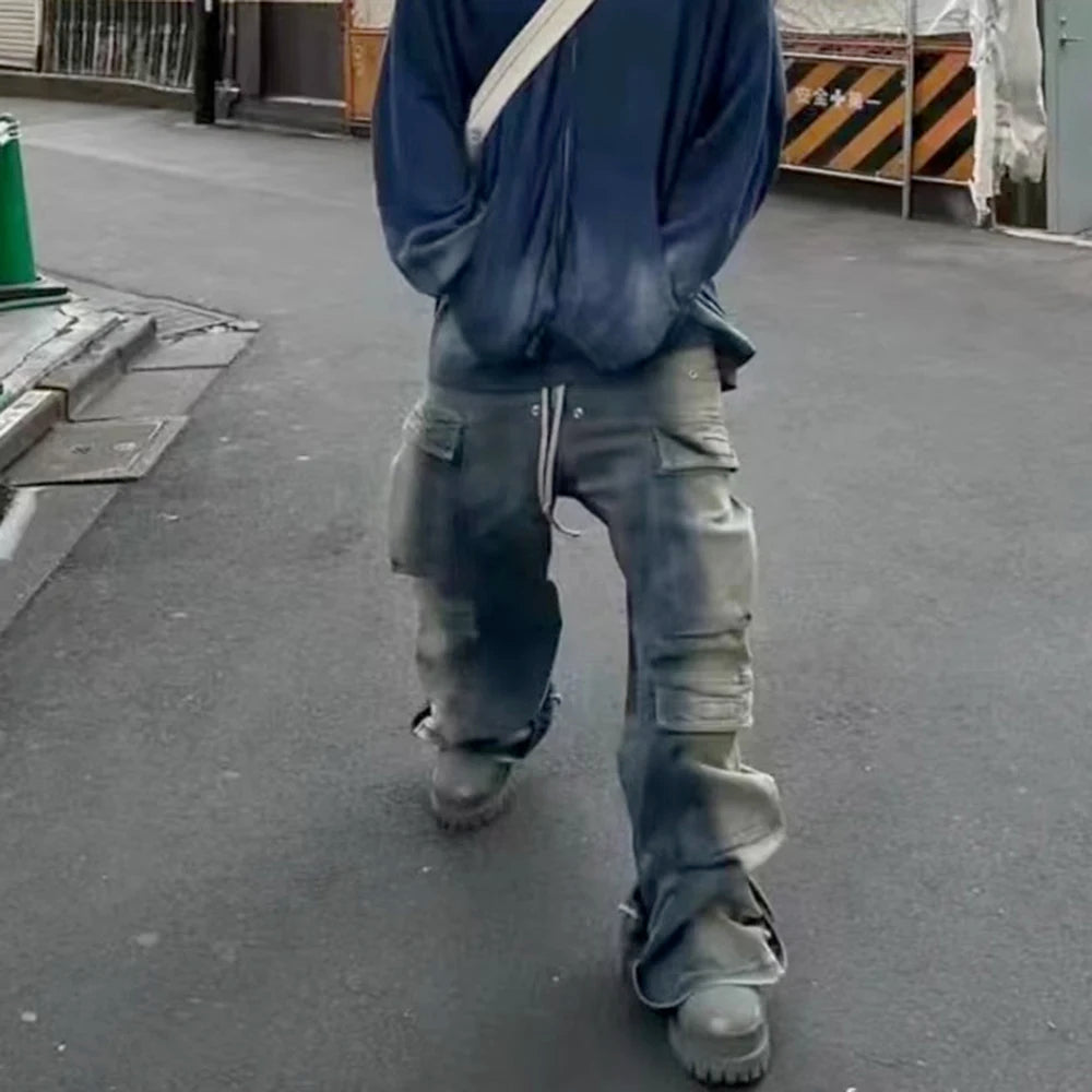 RO Style Gradient Ribbons Multi-pockets Drawstring Jeans for Men Harajuku Streetwear Baggy Y2K Denim Trousers Oversized Cargos Street King Limited