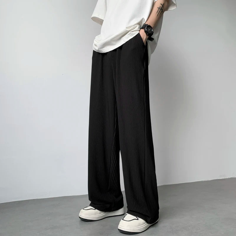 summer pleated pants men fashion oversized ice silk pants men japanese streetwear hip hop loose straight pants mens trousers clean everyday pants