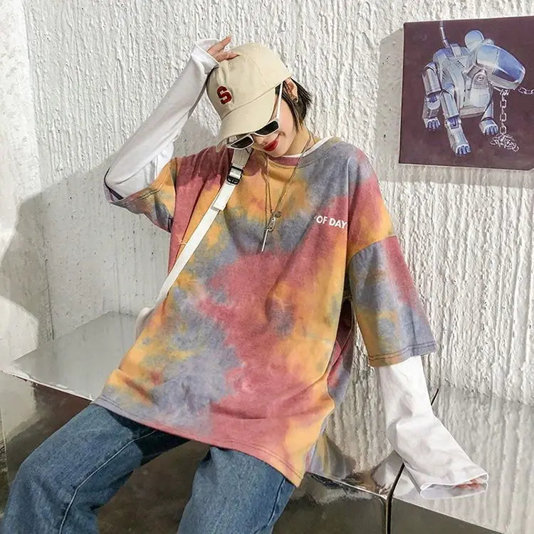 Summer national trend hip-hop tie-dye short-sleevedstyle Korean version ins loose couple's five-point half-sleeved T-shirt top Street King Limited