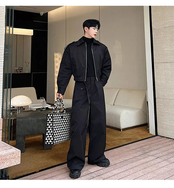 men 2 pieces sets quilted short cargo jacket pant autumn winter korean streetwear casual thicken bomber coat trousers suits unique cargo style 2653