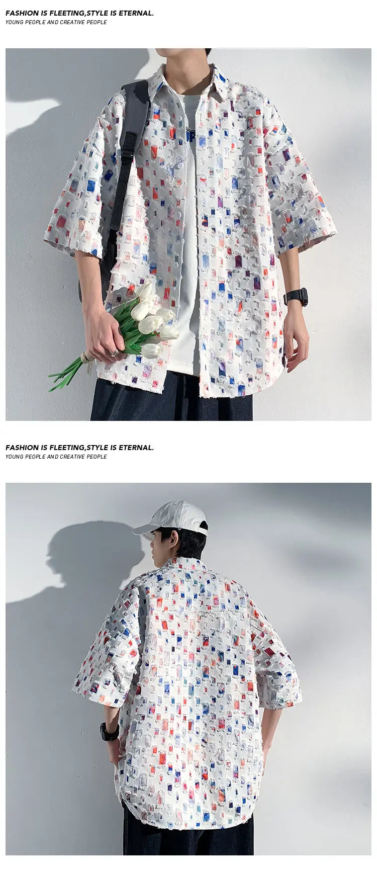 Summer Short Sleeved Shirt Men Fashion Retro Hollowed Out Shirt Men Streetwear Loose Colored Plaid Shirt Mens Large Size M-5XL Street King Limited