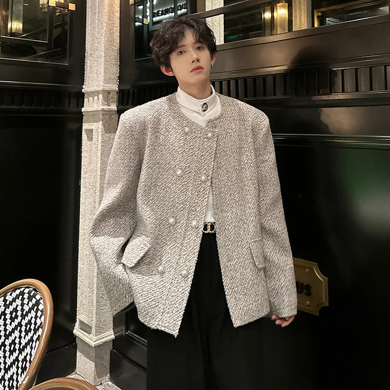 men double breasted french retro loose casual woolen short jacket man korean streetwear show fashion coat autumn outerwear relaxed fit shorts