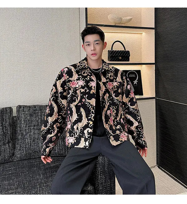 men palace style retro jacquard flower fashion show loose jacket man party dress vintage coat costumes spring autumn clothes unique default style 1242