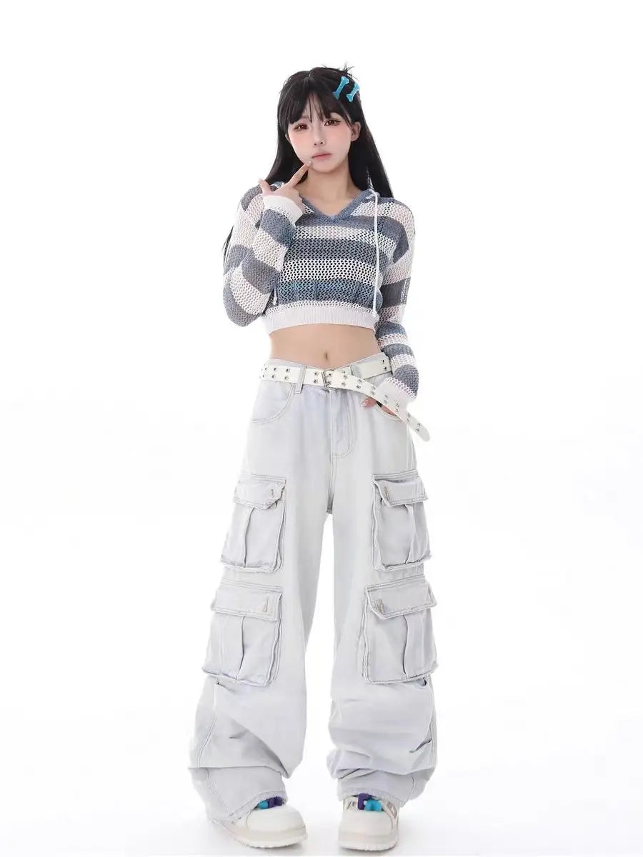 New street straight denim cargo pants overalls with multiple pockets casual wide leg mops jeans women y2k pants vintage clothes Street King Limited