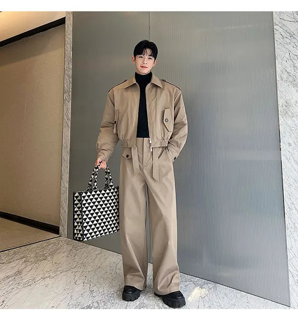 men 2 pieces sets quilted short cargo jacket pant autumn winter korean streetwear casual thicken bomber coat trousers suits unique cargo style 2642