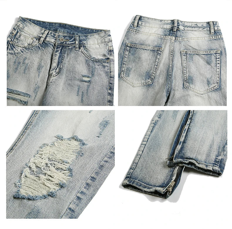 bottom zipper destroyed washed jeans skinny jeans ripped holes trousers men biker jeans fashion streetwear hip hop pants joggers unique joggers style 2014