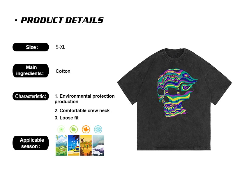 Rainbowtouches Washed Men T Shirt 2022 Summer Vintage Unisex High Street Skulls Pattern Oversize Fashion Mens Graphic T-Shirts Street King Limited