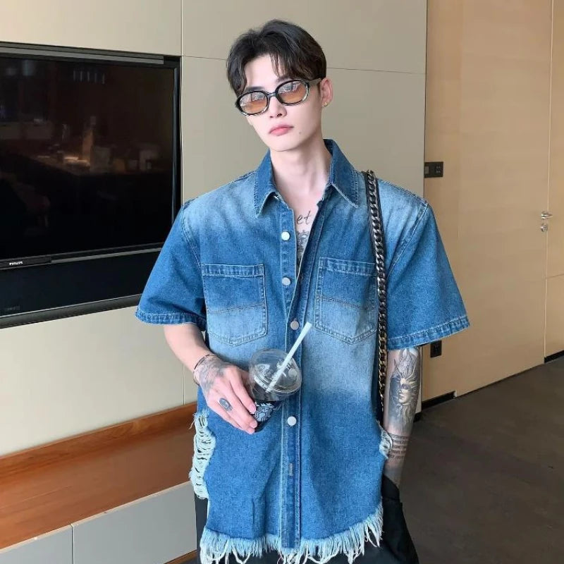 summer trend mens set shoulder padded short sleeved denim shirt quick drying casual pants 2 pcs set american retro street suit urban skinny jeans