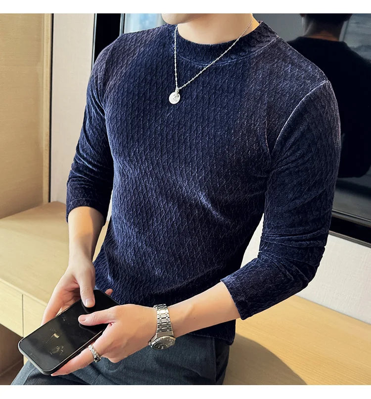 Autumn Winter Semi-turtleneck Stretch Slim Fit Long Sleeve Tshirt Men Thicken Velvet Jacquard Casual T-shirt Bottom T Shirt Street King Limited