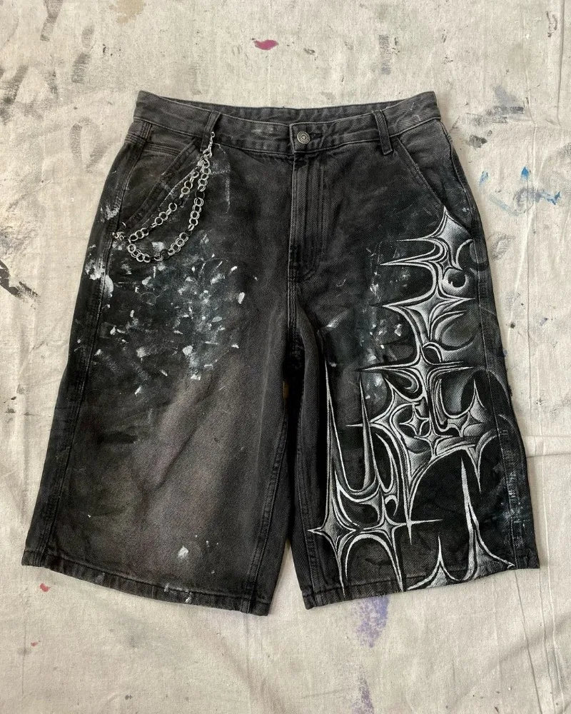 y2k american street retro graffiti anime print oversized denim shorts men shorts high waist fashion loose casual wide leg pants unique jeans style 3367