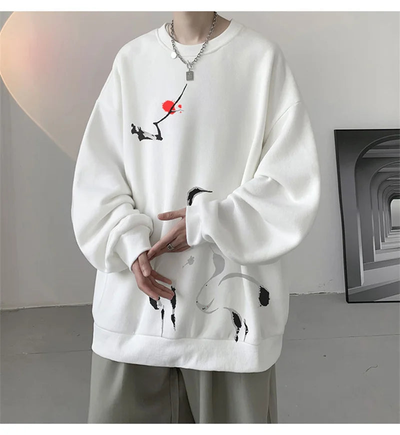 Ink Painting Cartoon Crane Printed Pullover Hoodies For Men 2024 New Hip Hop Fashion Crewneck Hoody Y2K Streetwear Sweatshirts Street King Limited