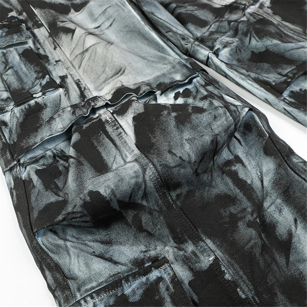 vintage dirty tie dye baggy jeans men multi pocket loose white straight jeans trousers luxury designer oversized denim pant unique jeans style 1933