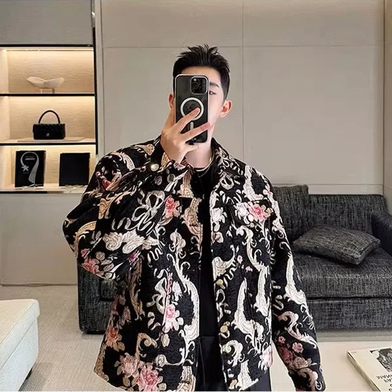 men palace style retro jacquard flower fashion show loose jacket man party dress vintage coat costumes spring autumn clothes unique default style 1233