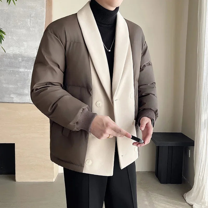 men winter woolen splice cotton padded business casual thicken warm jacket korean streetwear fashion parkas coat outerwear minimalist street pants