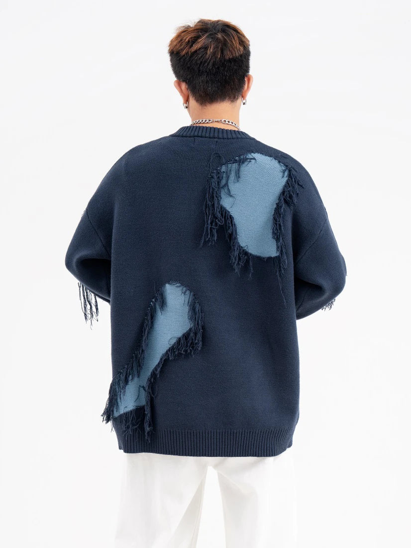 Mens Knitted Sweater Fashion Tassel Irregular Block Pullovers Casual O-neck Unisex Harajuku Y2k Streetwear Loose Knit Jumpers Street King Limited