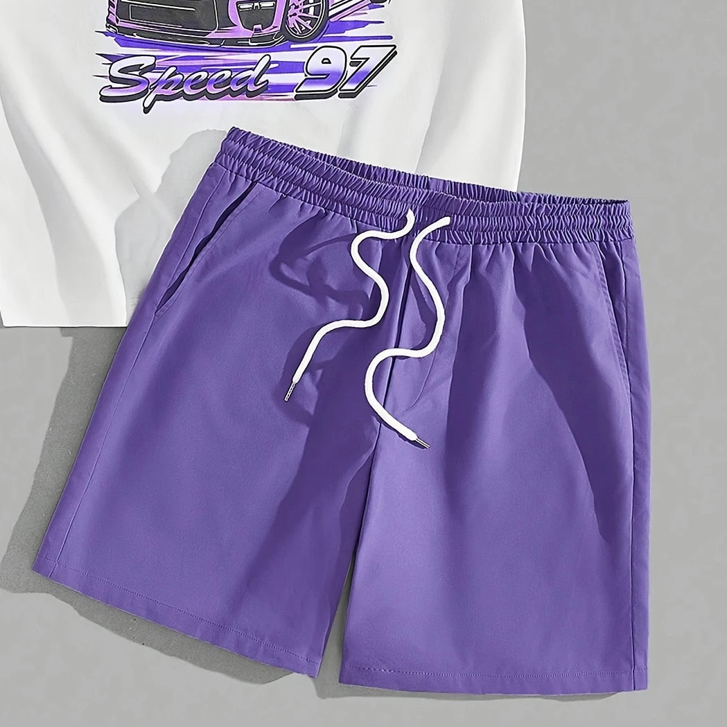 casual summer outfit set car graphic t shirts print shotr pants harajuku tracksuit streetwear purple sweatpants y2k men clothing unique joggers style 3878