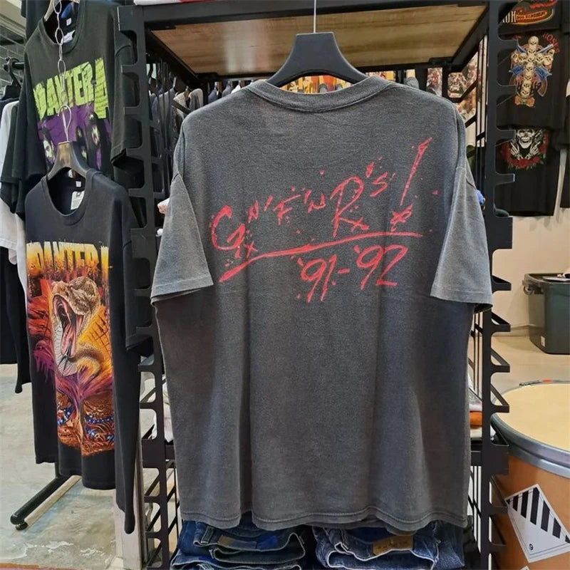 Summer Guns and Roses American Style Vintage High Quality Casual Short Sleeved T-shirt Cartoon Print High Version High Street Street King Limited
