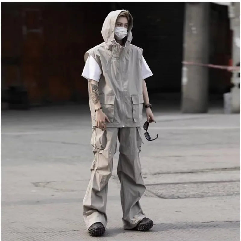 summer casual sleeveless set men hip hop loose hooded vest pockets straight leg cargo pants 2 piece outdoors sports camp suit unique cargo style 3829