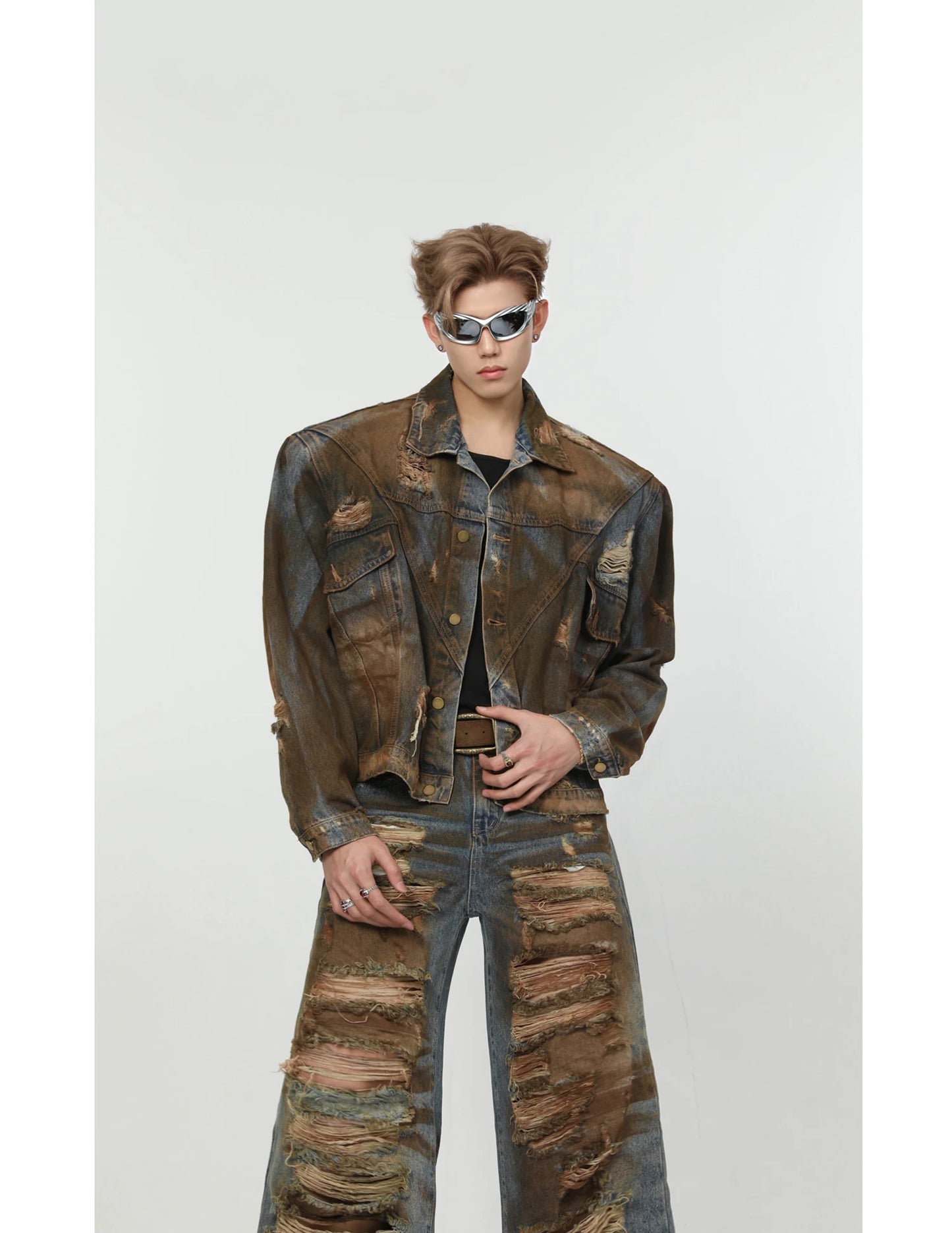 2 pieces sets mens dirty graffiti wide shouder denim jeans jacket coat and ripped holes wide legs pants joggers streetwear sets unique joggers style 3546