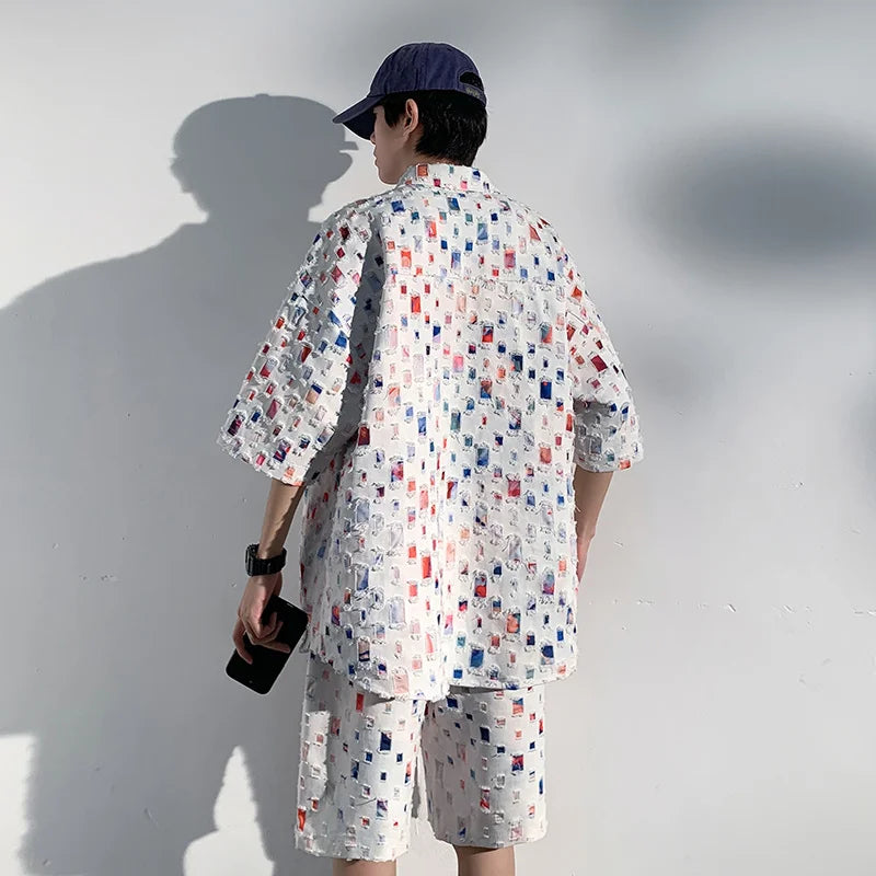 Summer Plaid Sets Men Fashion Short Sleeved Shirt/Shorts Two-piece Mens Streetwear Loose Hollow Out Set Mens Short Sets M-5XL Street King Limited