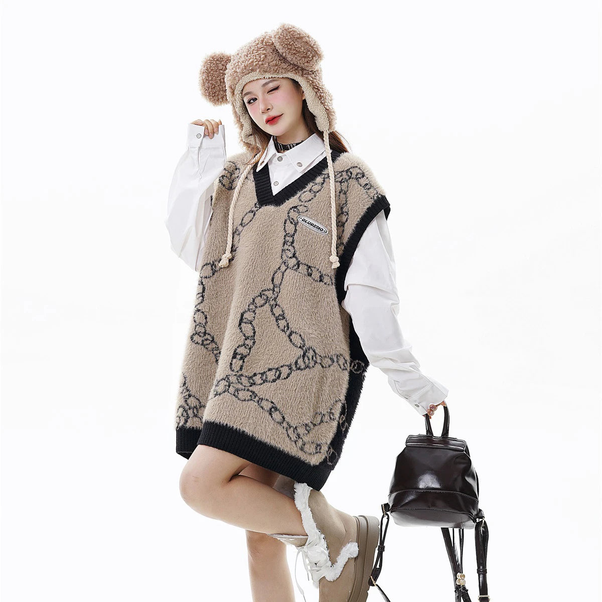 High Street Harajuku Imitation Mink Hair Knitted Vest Chain Color Block V-neck Pullover Sweater Vest Oversized Knitwear Trendy Street King Limited