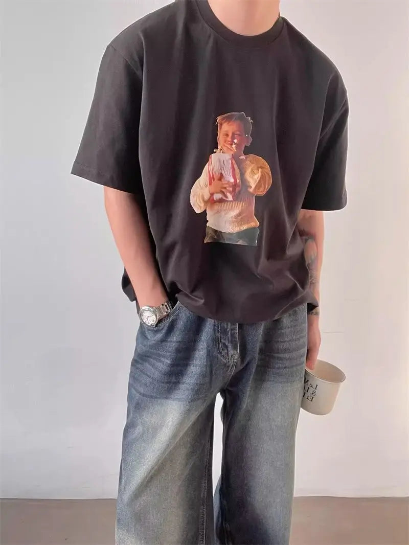 Summer Korean fun pattern printed short-sleeved T shirt American trend y2k personalized street round neck half sleeved T shirt Street King Limited