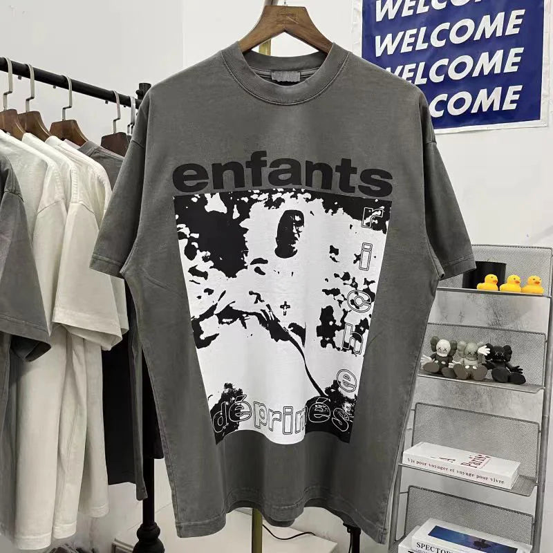 Apricot Grey Men Woman T Shirt Portrait Letter Printing Street Lovers Loose Casual Wash Retro Short Sleeve Top Tees Street King Limited