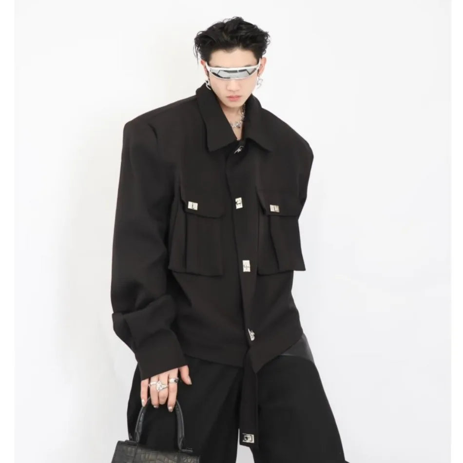 trendy high street jacket mens unisex metal button shoulder pad short coats multi pocket punk hip hop loose outwear oversized unique shorts style 3550