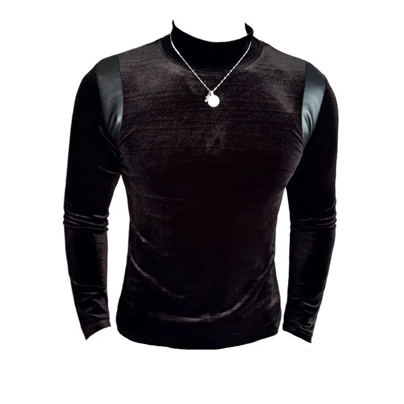 Turtleneck Stretch Slim-fit T-shirt Men Long Sleeve Thicken Elastic Velvet Retro Fashion Casual Tshirt Handsome Man T Shirts Street King Limited