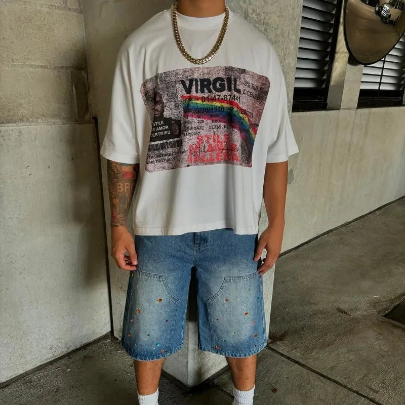 American High Street Trendy Brand Letters Anime Print Oversized Short-sleeved Tops Men Y2k Fashion Retro Casual T-shirts Women Street King Limited