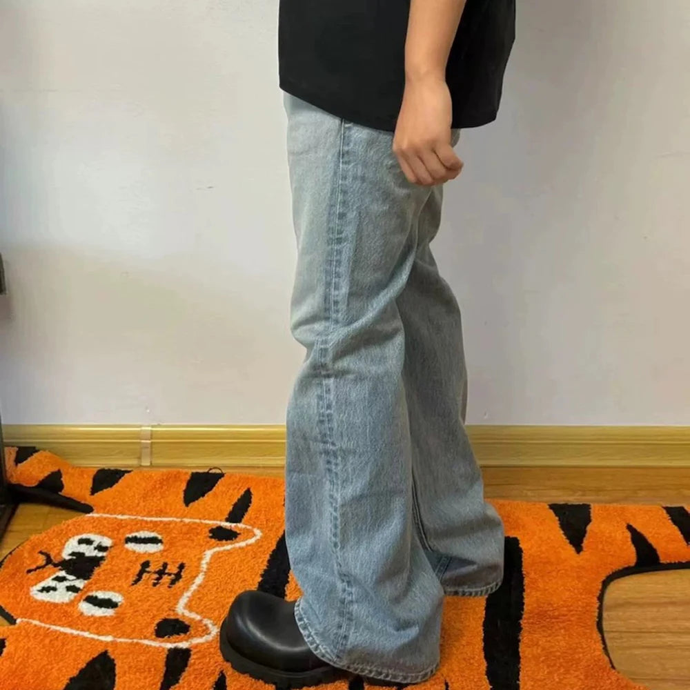 vintage washed blue solid boot cut for men and women straight baggy denim trousers ropa hombre loose casual flare jeans pants ripped baggy denim