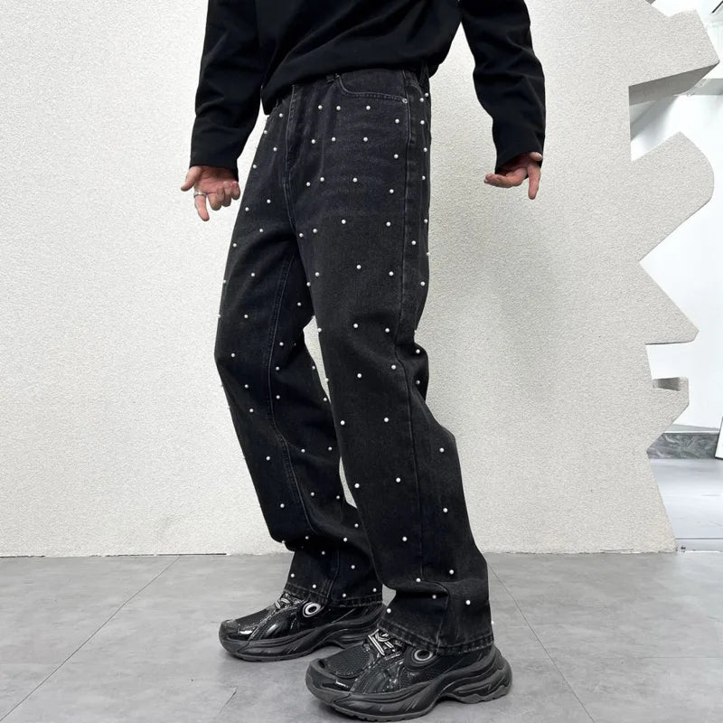 men bead streetwear fashion hip hop vibe loose casual wide leg straight denim jeans baggy pant man boyfriend jeans trousers unique jeans style 2877