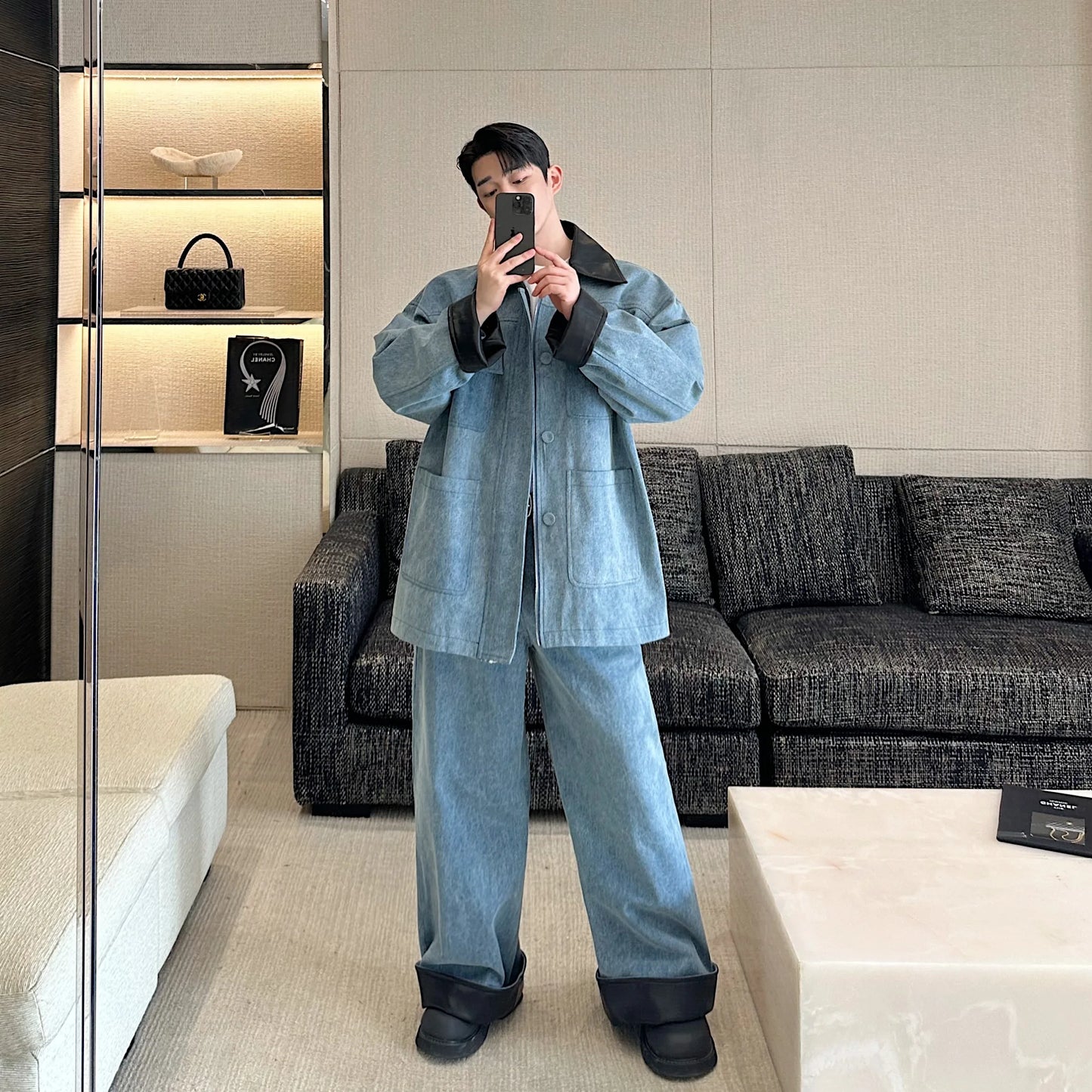 fashion show suits men streetwear washed denim splice loose casual jacket wide leg jeans pants 2 piece sets coat trousers suits unique jeans style 2624