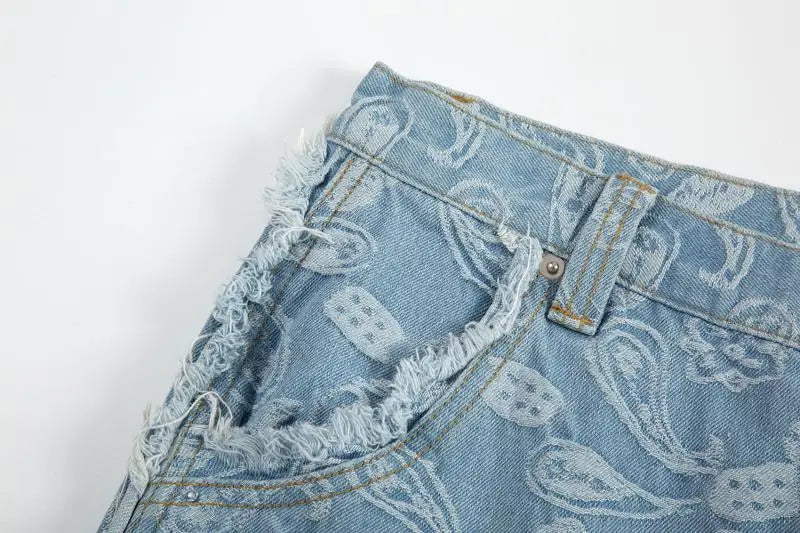 vintage high street washed light blue flared jeans cashew flower jacquard pattern rough edge jeans pants for men and women unique jeans style 927