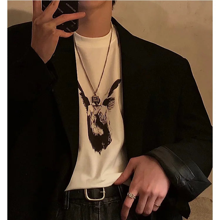 Summer Korean style personalized graphic print T shirt new Japanese style creative angel simple y2k retro oversized T shirt Street King Limited
