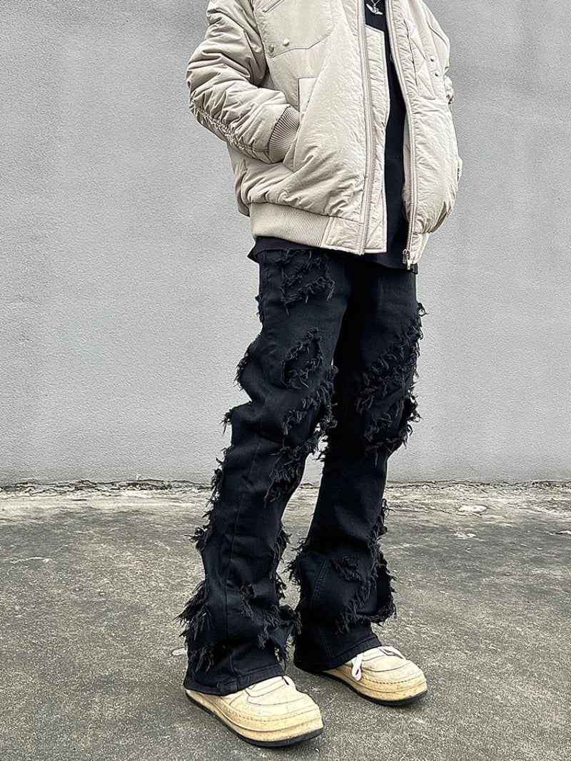 mens distressed ripped destroied tassel denim jean pants new fashion biker jeans streetwear flare pants joggers y2k men s jeans sporty tapered joggers