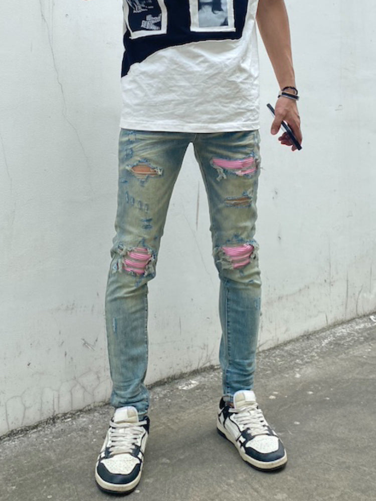 destroied ripped holes patckwork denim jean mens casual distressed washed biker jeans new fashion high street slim pants joggers unique joggers style 2368
