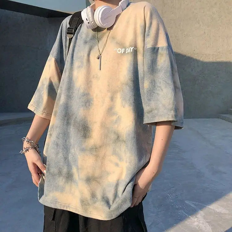 Summer national trend hip-hop tie-dye short-sleevedstyle Korean version ins loose couple's five-point half-sleeved T-shirt top Street King Limited