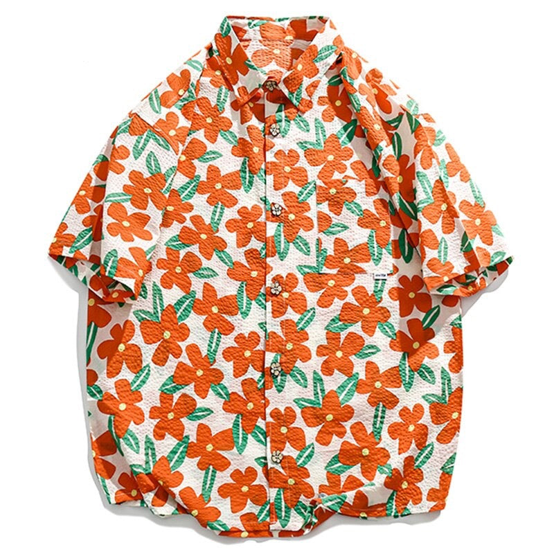 "Orange Floral" Unisex Men Women Graphic Button Shirt Daulet Apparel