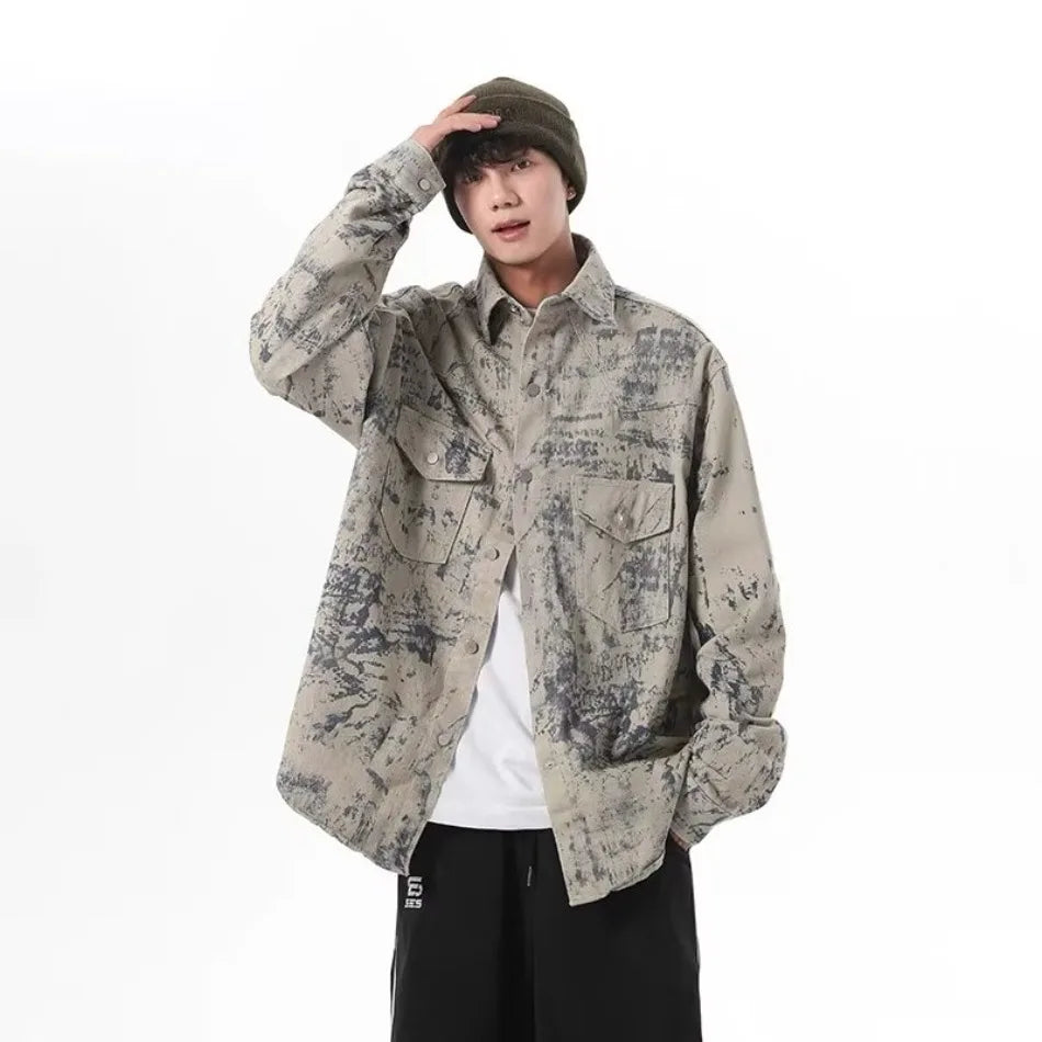 tie dye denim jacket mens new american high street multiple pockets washed cowboy coats fashion lapel loose tooling outwear unique jeans style 3321