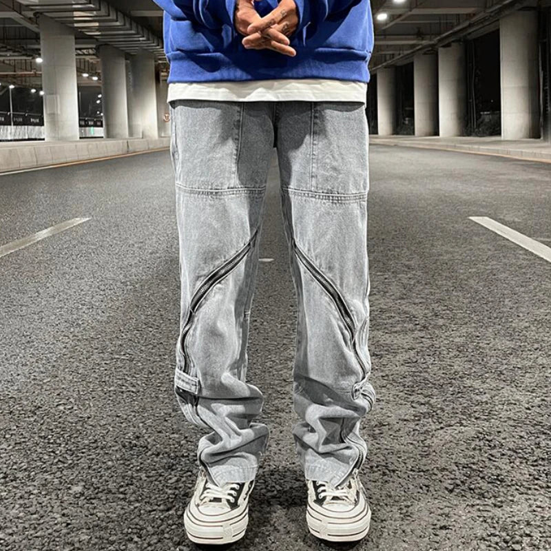 fashion denim straight pants hip hop jeans with zipper streetwear trousers new summer casual joggers men designer jeans for men urban active pants