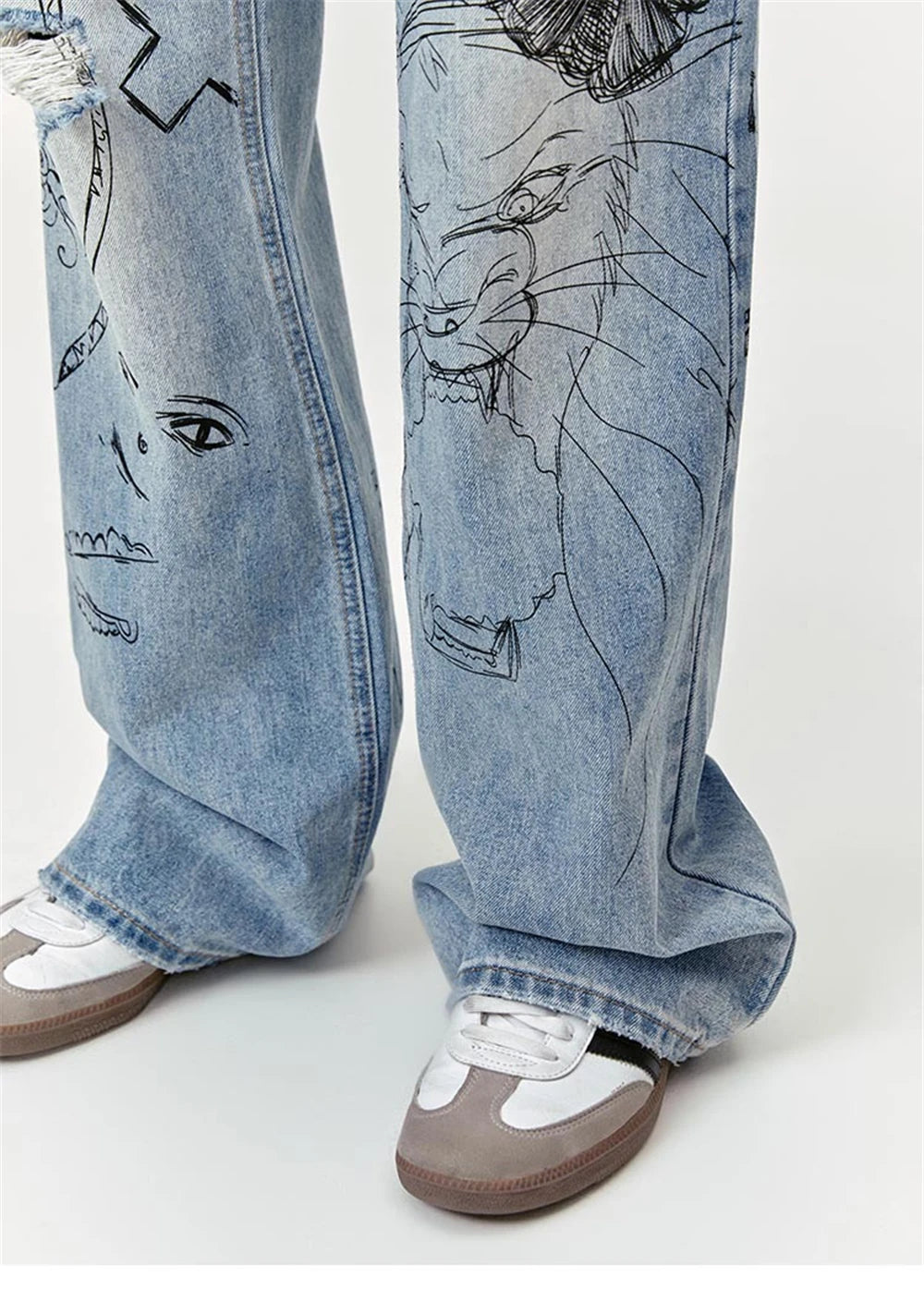 men baggy ripped jeans graffiti printed straight denim pants distressed jeans male streetwear hip hop jeans trousers y2k unique jeans style 5511