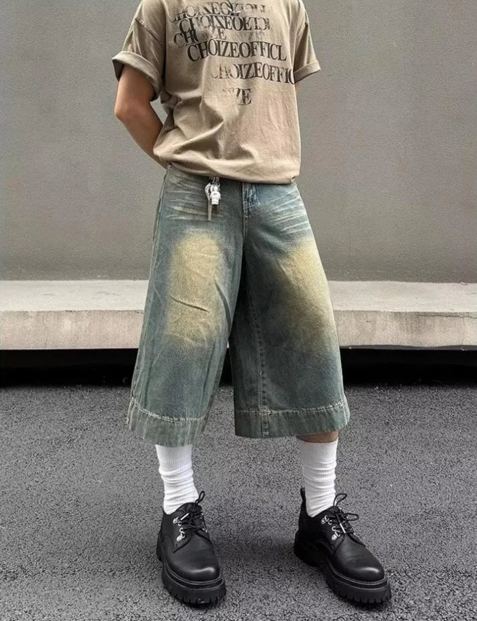 Summer Trend Denim Cropped Trousers Mens American Hip Hop Washed Wide Leg Shorts Unisex High Street Straight Cowboy Mid Pants Street King Limited